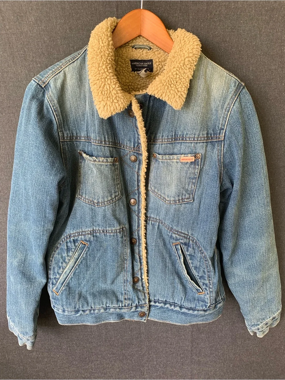 Vintage American Eagle Sherpa Lined Denim Jacket Womens Snap Buttons 90s Trucker - Picture 1 of 11